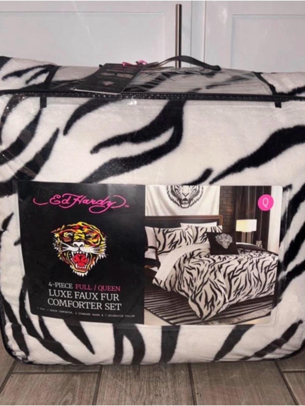 Ed Hardy Black and White Zebra Faux Fur Comforter Set - Full/Queen